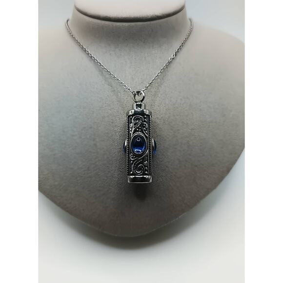 Stainless Steel Blue Glass Urn Necklace Keepsake Pendant 21" Chain - Picture 2 of 3